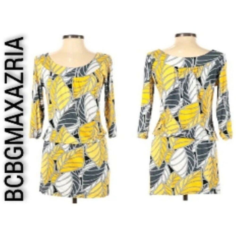 BCBG MaxAzria Yellow Blk Gray Leaf Print Scoop Neck Blouson Dress XS 3/4 Sleeve